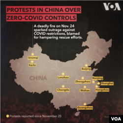 Graphic showing the location of protests in China over COVID lockdowns.
