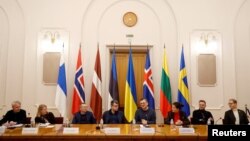 Ukrainian Foreign Minister Dmytro Kuleba speaks with Nordic and Baltic foreign ministers at a joint news conference, amid Russia's attack on Ukraine, in Kyiv, Ukraine, Nov. 28, 2022.