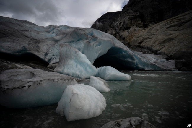 The Nigardsbreen glacier in Norway has lost almost 3 kilometers in length in the past century, August 5, 2022. (AP Photo/Bram Janssen)