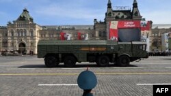 FILE - A Russian Iskander-M missile launcher parades through Red Square during the general rehearsal of the Victory Day military parade in central Moscow, May 7, 2022.