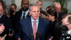 House Republican Leader Kevin McCarthy, R-Calif., speaks after a closed-door meeting with the GOP Conference as he pursues the speaker of the House role when as the 118th Congress convenes, Tuesday, Jan. 3, 2023, in Washington. 