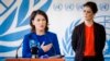在联合国人权理事会在联合国日内瓦总部就伊朗局势召开特别会议期间，德国外长贝尔伯克与冰岛外长吉尔法多蒂尔站在一起，回答记者提问。(2022年11月24日)