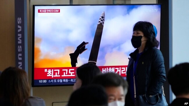 FILE - A TV screen shows an image of North Korea's missile launch during a news program at the Seoul Railway Station in Seoul, South Korea, Nov. 19, 2022.
