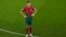 Jwe seleksyon nasyonal Potugal Cristiano Ronaldo reyaji pandan match Gwoup H ekip li a kont Ghana nan Qatar, 24 Nov. 2022. 