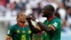 Cameroon's Vincent Aboubakar, right, celebrates after scoring his side's second goal during the World Cup group G soccer match between Cameroon and Serbia, at the Al Janoub Stadium in Al Wakrah, Qatar, Nov. 28, 2022. 