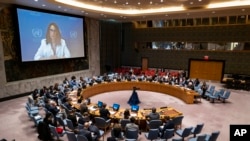 FILE: Members of the Security Council participate during a session to discuss the situation with grain shipments from Ukraine at United Nations headquarters, Taken Oct. 31, 2022.