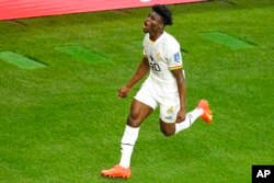 Ghana's Mohammed Kudus celebrates after scoring his side's second goal during the World Cup group H soccer match between South Korea and Ghana, at the Education City Stadium in Al Rayyan, Qatar, Nov. 28, 2022.