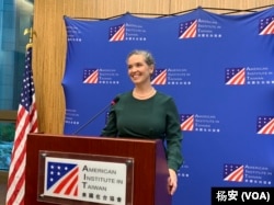 2022年11月29日，美国在台协会(AIT)处长孙晓雅（Sandra Oudkirk）举办就任迄今第二场记者会（美国之音特约记者杨安摄影）。