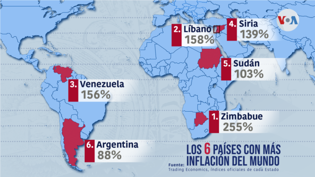 Mapa con los seis países con las inflación en el mundo.