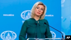 FILE - Russian Foreign Ministry's spokeswoman Maria Zakharova speaks to the media in Moscow, Russia, Nov. 2, 2022.