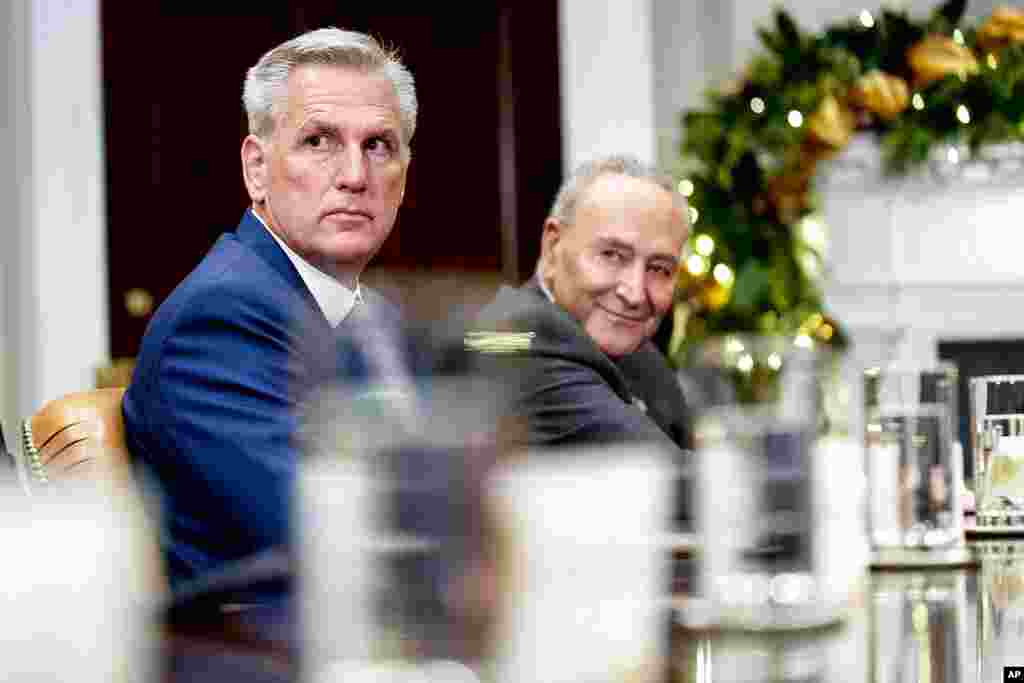 House Minority Leader Kevin McCarthy of California, left, and Senate Majority Leader Senator Chuck Schumer of New York attend a meeting to discuss legislative priorities, in the Roosevelt Room of the White House.