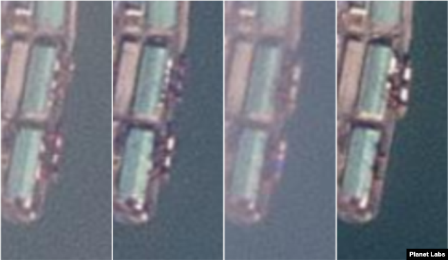 북한 남포 인근 항구에서 발견된 선박. 왼쪽부터 이달 19일과 17일, 12일, 6일 모습. 자료=Planet Labs