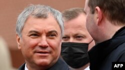 FILE - State Duma speaker Vyacheslav Volodin attends the Victory Day military parade at Red Square in Moscow on May 9, 2021.