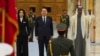 From left, South Korean first lady Kim Keon Hee, South Korean President Yoon Suk Yeol and Emirati leader Sheikh Mohammed bin Zayed Al Nahyan attend a ceremony at Qasar Al Watan in Abu Dhabi, United Arab Emirates, Jan. 15, 2023.