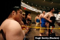 Pegulat sumo menunggu untuk memasuki dohyo (ring) selama Turnamen Grand Sumo Hawaii di Honolulu, Hawaii, 10 Juni 2007. (Foto: REUTERS/Hugh Gentry)