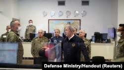 Turkish Defense Minister Hulusi Akar visits Land Forces Operation Center in Ankara, Turkey, Nov. 21, 2022.