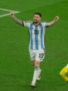 FILE - Argentine forward Lionel Messi celebrates scoring his team's second goal during the Qatar 2022 World Cup football final match between Argentina and France at Lusail Stadium, Dec. 18, 2022.