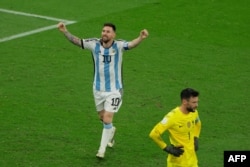 Argentina's forward #10 Lionel Messi celebrates scoring his team's second goal during the Qatar 2022 World Cup football final match between Argentina and France at Lusail Stadium, Dec. 18, 2022.