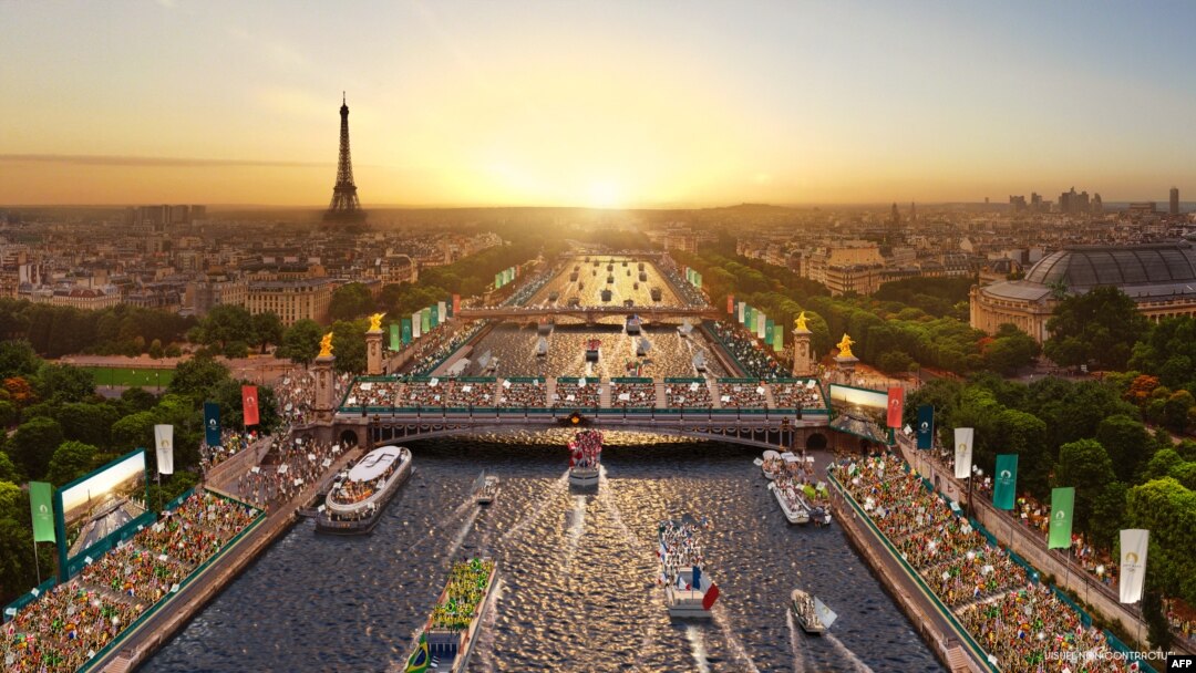 FILE - This handout illustration released on Dec. 15, 2021 by Paris 2024 Olympic Committee shows Paris Olympics opening ceremony July 26, 2024 which will take part on the River Seine.