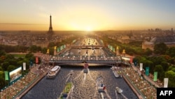 FILE - This handout illustration released on Dec. 15, 2021 by Paris 2024 Olympic Committee shows Paris Olympics opening ceremony July 26, 2024 which will take part on the River Seine.