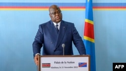 FILE - Democratic Republic of Congo, Felix Tshisekedi speaks at the Palace of the Nation in Kinshasa on Nov. 21, 2022. 