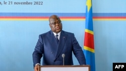 FILE - Democratic Republic of Congo, Felix Tshisekedi speaks during a joint press conference with Kenyan President William Ruto (not seen), at the Palace of the Nation in Kinshasa on Nov. 21, 2022. 