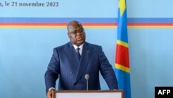 FILE - Democratic Republic of Congo, Felix Tshisekedi speaks during a joint press conference with Kenyan President William Ruto (not seen), at the Palace of the Nation in Kinshasa on Nov. 21, 2022.