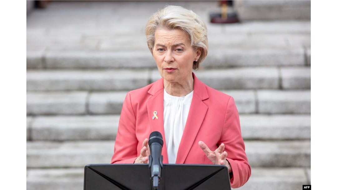 FILE - European Commission President Ursula von der Leyen speaks to the press in Dublin, Dec. 1, 2022.