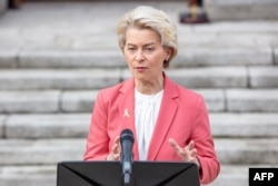 FILE - European Commission President Ursula von der Leyen speaks to the press in Dublin, Dec. 1, 2022.