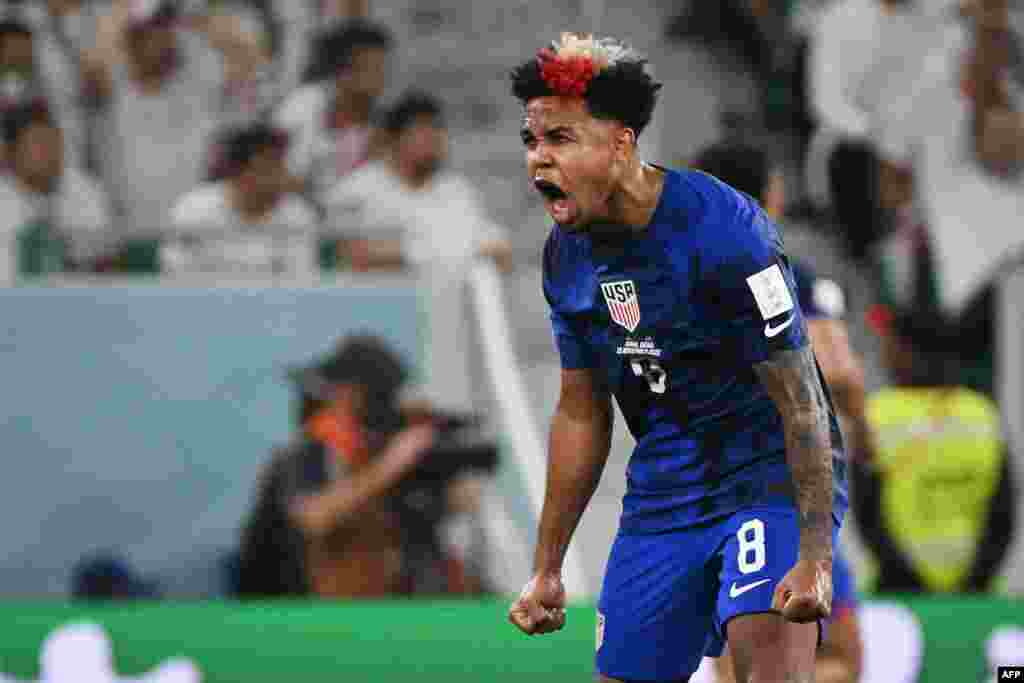 Milieu ya Etats-Unis #08 Weston Mckennie azali kosepela nsima na mongete mwa yambo moninga ya ekipi na ye attaquant #10 Christian Pulisic na match na Iran na groupe B ya Mondail Qatar 2022 na stade Al-Thumama, Doha, 29 novembre 2022. (Photo Patrick T. Fal