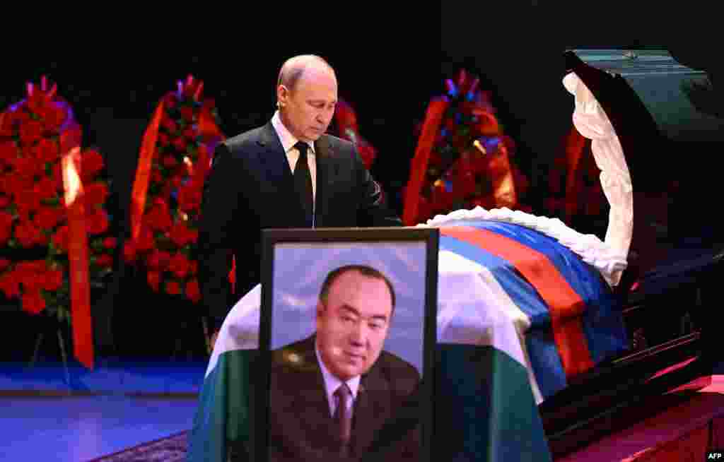 Russian President Vladimir Putin attends a farewell ceremony for Murtaza Rakhimov, the first president of Russia's republic of Bashkortostan, at the Bashkortostan state concert hall in Ufa, Republic of Bashkortostan.
