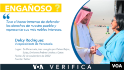 La vicepresidenta de Venezuela, Delcy Rodríguez, brinda un discurso engañoso tras una gira por varios países de Europa y Medio Oriente.