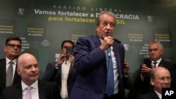 Valdemar Costa Neto, the leader of President Jair Bolsonaro's Liberal Party, speaks during a press conference regarding an investigation carried out by the party pointing out inconsistencies in voting machines used in the general elections, in Brasilia, Brazil, Nov. 22, 2022.