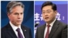Antony Blinken, secretário de Estado americano, em Washington, 15 Dezembro 2022, e Qin Gang, ministro das Relações Exteriores da China, Pequim, 25 Dezembro 2013.