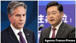 FILE - This combination photo shows U.S. Secretary of State Antony Blinken in Washington, Dec. 15, 2022, and then-director of the Foreign Ministry Information Department of China Qin Gang, now incoming foreign minister, in Beijing, Dec. 25, 2013.