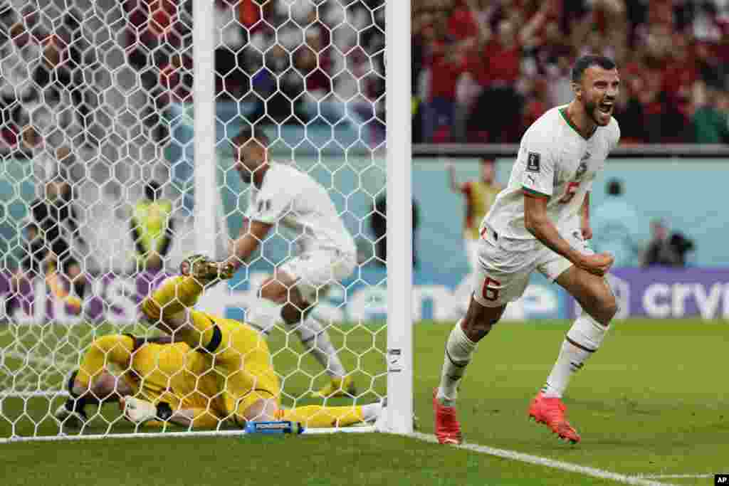 Morocco&#39;s Romain Saiss, right, reacts after teammate Abdelhamid Sabiri, not visible, scored a goal on Belgium&#39;s goalkeeper Thibaut Courtois, left, during the World Cup group F soccer match between Belgium and Morocco, at the Al Thumama Stadium in Doha, Qatar.