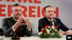 FILE - Norbert Hofer (L) and Heinz-Christian Strache of Austria's anti-migrant and anti-EU Freedom Party (FPO) attend a news conference in Vienna, Austria, Dec. 6, 2016.