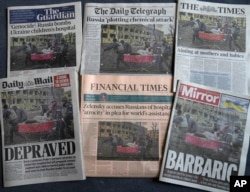 Front pages of British newspapers published March 10, 2022, show reactions to an airstrike on a maternity hospital in Mariupol, Ukraine, a day earlier.
