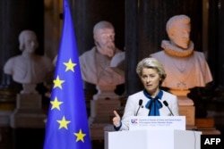 European Commission President Ursula von der Leyen holds a press conference following an EU leaders summit to discuss the fallout of Russia's invasion in Ukraine, at the Palace of Versailles, near Paris, on March 11, 2022.