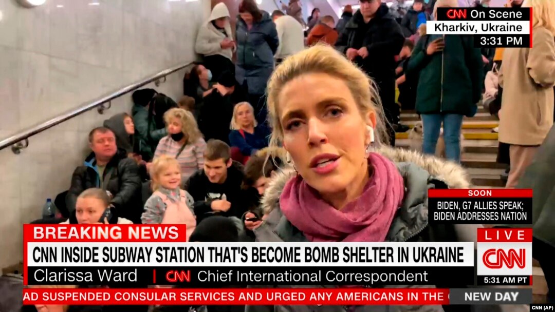 This image taken from video provided by CNN shows Chief International Correspondent Clarissa Ward reporting from inside a subway station in Kharkiv, Ukraine.