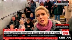This image taken from video provided by CNN shows Chief International Correspondent Clarissa Ward reporting from inside a subway station in Kharkiv, Ukraine.