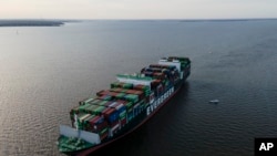 The container ship Ever Forward, which ran aground Sunday night in the Chesapeake Bay off the coast near Pasadena, Md., is seen March 14, 2022. 