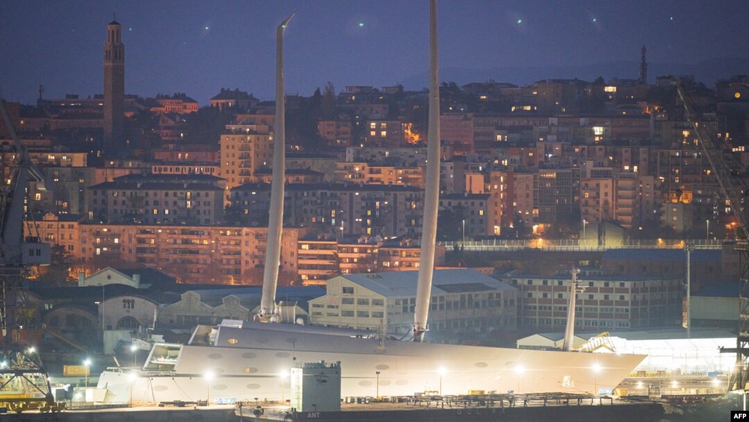 This March 10, 2022, photo shows Sailing Yacht A, owned by Russian oligarch Andrey Melnichenko in Trieste, Italy.