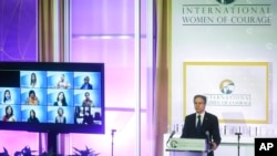 Secretary of State Antony Blinken addresses the 16th annual International Women of Courage (IWOC) Awards virtual ceremony at the State Department, March 14, 2022.