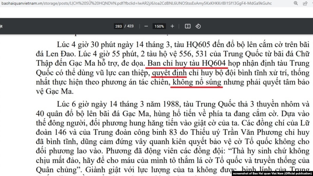 Một đoạn trong trang 283 của sách Lịch sử Hải quân Nhân dân Việt Nam (1955-2015) do Nhà xuất bản Quân đội Nhân dân phát hành năm 2015.