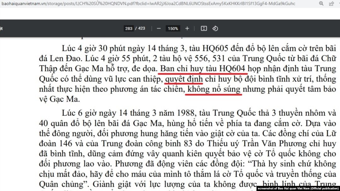 Một đoạn trong trang 283 của sách Lịch sử Hải quân Nhân dân Việt Nam (1955-2015) do Nhà xuất bản Quân đội Nhân dân phát hành năm 2015.