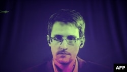 France -- US National Security Agency (NSA) whistleblower Edward Snowden speaks to European officials via videoconference during a parliamentary hearing on improving the protection of whistleblowers, at the Council of Europe in Strasbourg, June 24, 2014