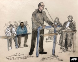 FILE - This court sketch made on January 9, 2024 shows police officer Marc-Antoine Castelain (C), 34, during the first day of the trial over the violent arrest in 2017 of Theo Luhaka.