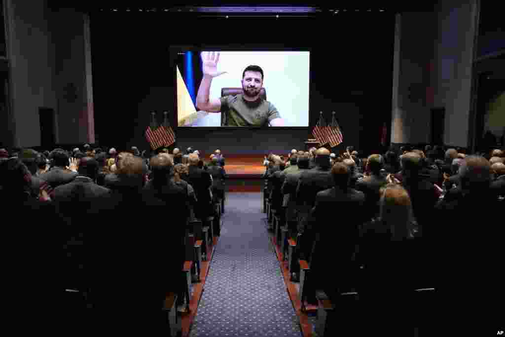 Ukrainian President Volodymyr Zelenskyy delivers a virtual address to the U.S. Congress by video at the Capitol in Washington, March 16, 2022.