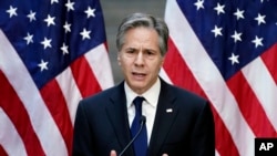 Secretary of State Antony Blinken speaks after viewing the "Burma's Path To Genocide" exhibit at the United States Holocaust Memorial Museum in Washington, March 21, 2022.